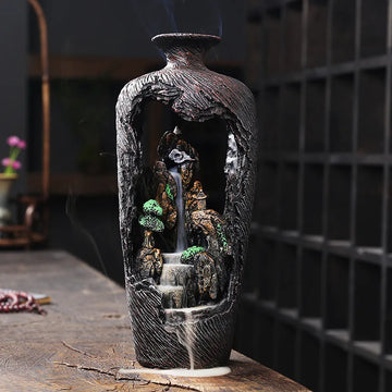 Resin World Wonderland Backflow Aromatherapy Stove, High Mountains Flowing Water LED Colored Light Backflow Aromatherapy Stand