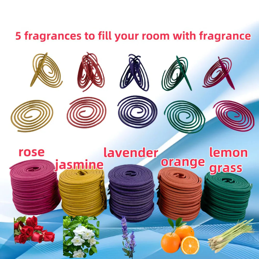 1 Can of 50 Mixed Spiral Incense Sticks + Gourd Base, Scents of Rose, Jasmine, Lavender, Lemongrass, and Orange Burn Time: 3-4 Hours. Suitable for Air Purification, Yoga, Meditation, Fitness, Home Cleaning and Relaxation. Ide