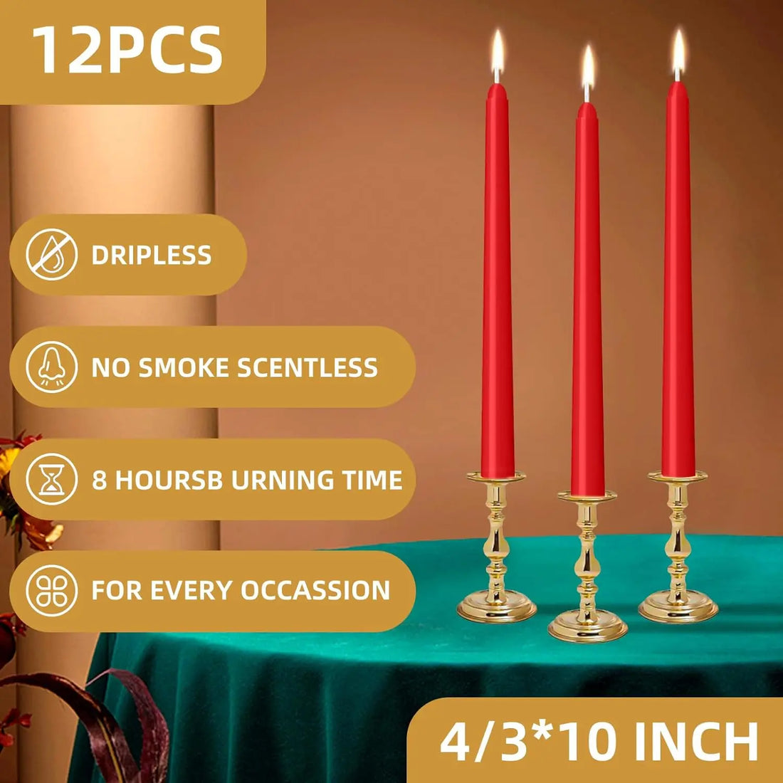 12 Pieces of 10inch Red Wax, Drip-Free, Smoke-Free, Fragrance-Free, Home Dinner Candles, Hand-Pulled, High-Quality, Suitable for Church, Family, Wedding, Party, Seasonal Celebrations, Emergency Situations and Home Decorations