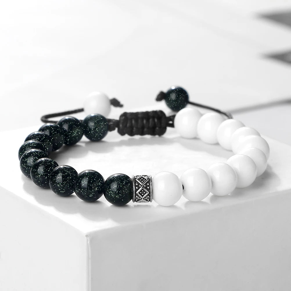 Men White Beaded Bracelet Adjustable Size Natural Tiger Eye Stone Green Blue Sandstone Lava Bangles Women Yoga Energy Jewelry