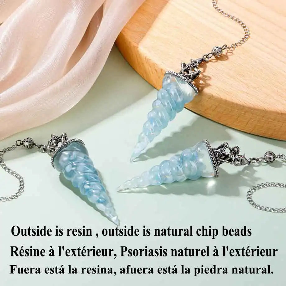 Resin 7 Chakra Aquamarines Pendulum Natural Chip Stone Crystal Pendant for Dowsing Divination Healing Pointed Pendulos X224