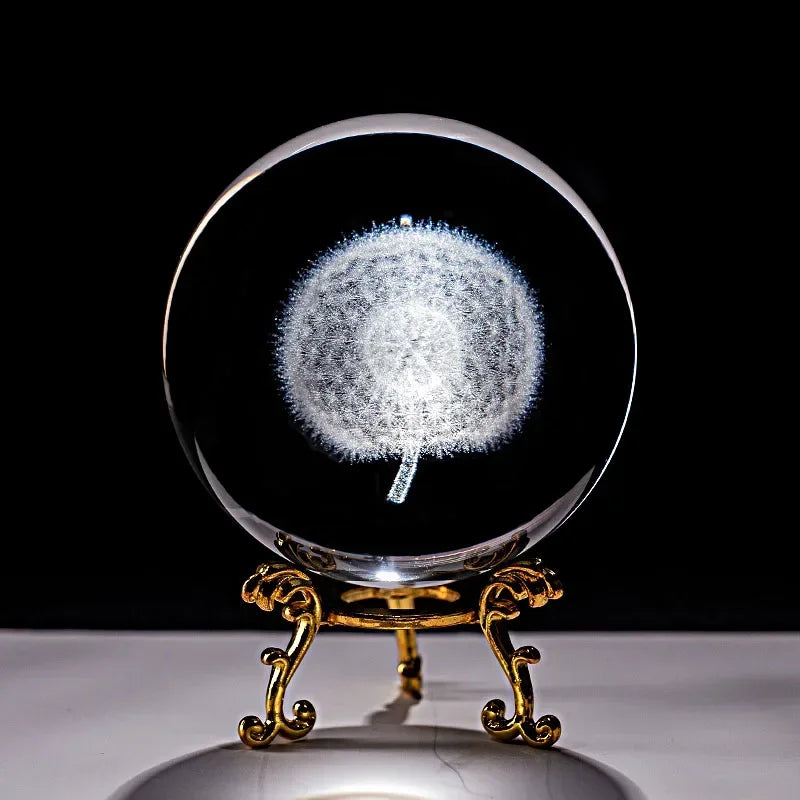 Crystal 3D Ball Laser Engraved Dandelion Miniature Glass Globe Sphere Home Decorative Ornament Craft Gifts Figuras De Cristal