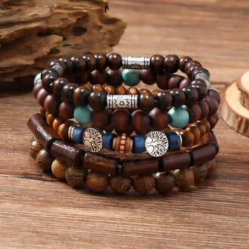 Bracelet For Men New Peace Tree Multi-piece Set Of Wooden Beads Bracelet, Literature And Art Retro Simple Multilayer Bracelet
