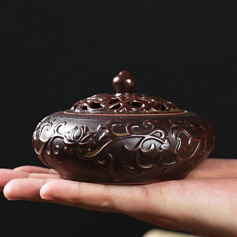 Chinese style retro ceramic lotus patterned incense burner, indoor meditation room Bagua diagram purple sand incense pedestal