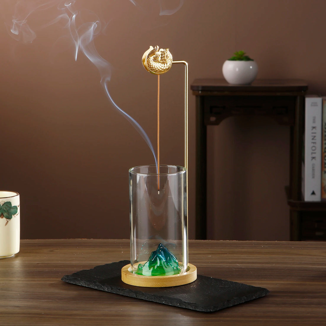 Glass Mountain Incense Holder Anti-Ash Incense Burner with Koi Clip Incense Stick Holder with Ash catcher for Yoga Meditation