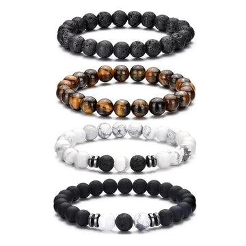 4PCS 8mm Men's Natural Stone Beads Bracelet Set, Tiger Eye Volcanic White Turquoise